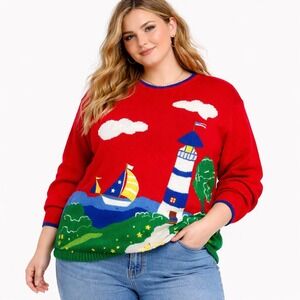 The Quacker Factory Women's Sweater Red Nautical Lighthouse Sailboat Pullover 1x